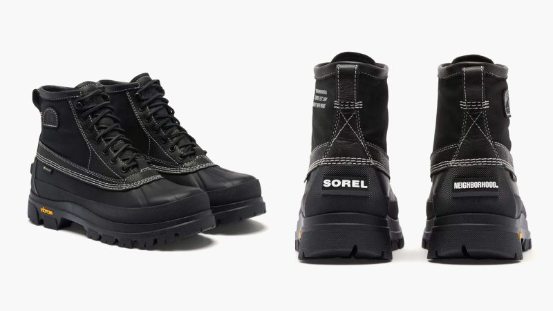 SOREL x NEIGHBORHOOD Daystorm Horizon GTX boot with Vibram XS TREK EVO tread, and co-branded leather and rubber overlays.