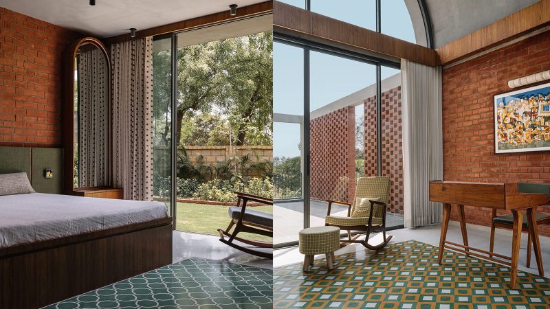 The Teen Vaults House features concrete vaults, exposed brick walls, and a lush green courtyard set beneath Ahmedabad’s tranquil skies.