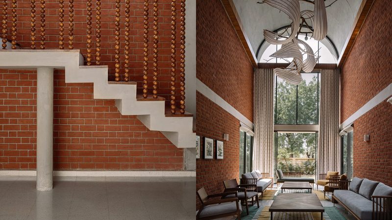 The Teen Vaults House features concrete vaults, exposed brick walls, and a lush green courtyard set beneath Ahmedabad’s tranquil skies.