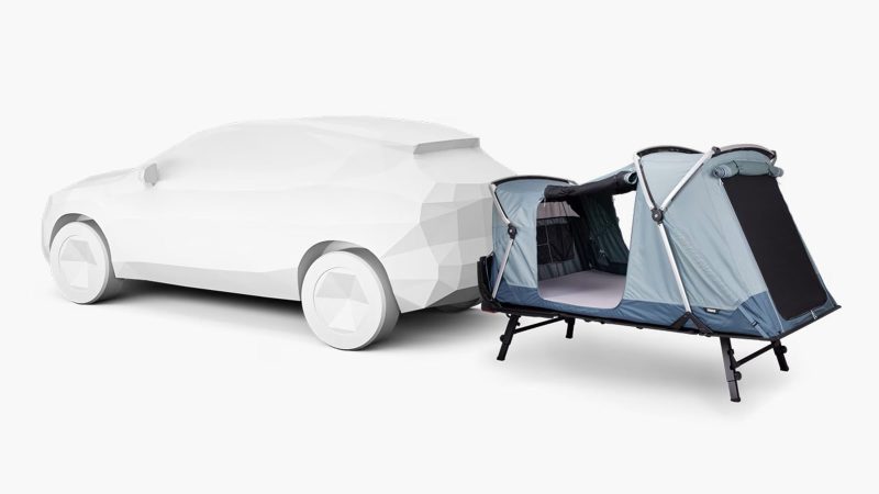 The Thule Outset hitch-mounted car tent attaches to an SUV’s receiver hitch, and is elevated off the ground with panoramic windows and a built-in mattress.