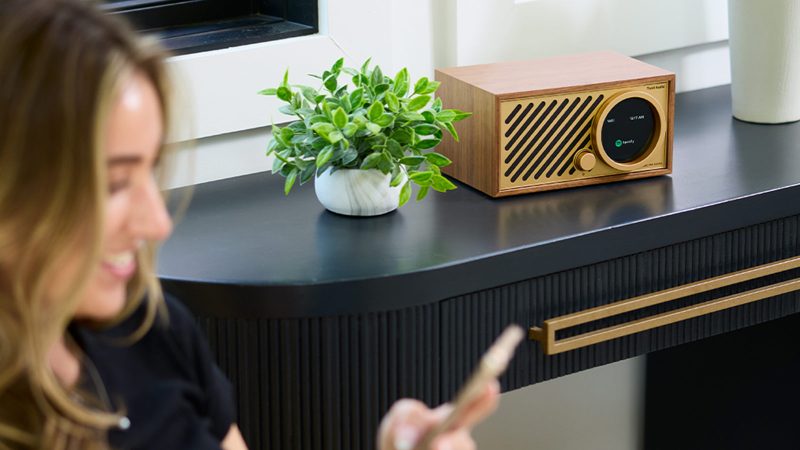 Tivoli Audio Model One Digital Generation 3 tabletop radio-speaker in walnut finish with brushed metal grille and digital display.