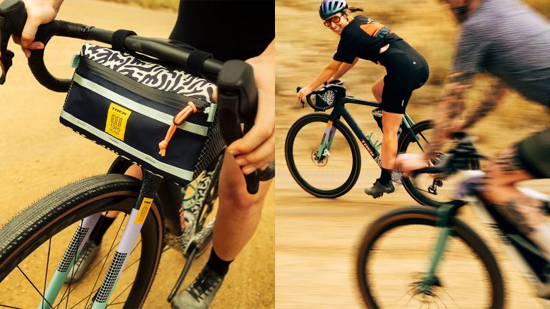 Trek x Topo Designs Project One ICON Checkmate Gravel Bike, featuring bold patterns and rugged outdoor performance, with bags.