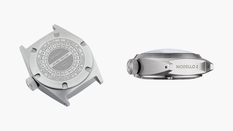 The UNIMATIC Modello Due U2-GMT World Timer is available in brushed stainless steel, featuring a dual-time display.