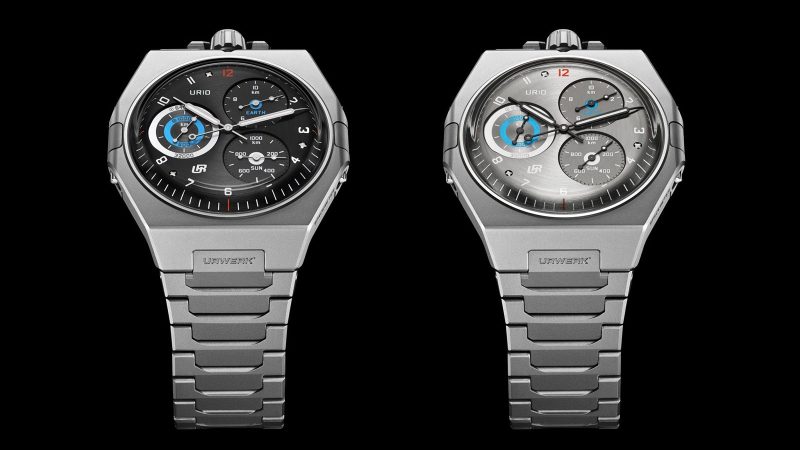 The URWERK UR-10 Spacemeter watch with central hands, subdials for Earth/Sun/Orbit tracking, sandblasted titanium case, and visible Dual Flow Turbine rotor.