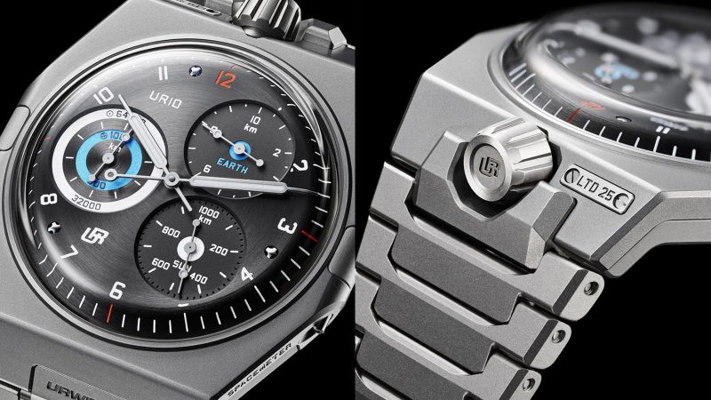 The URWERK UR-10 Spacemeter watch with central hands, subdials for Earth/Sun/Orbit tracking, sandblasted titanium case, and visible Dual Flow Turbine rotor.