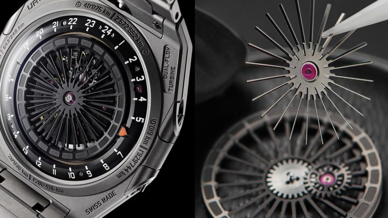 The URWERK UR-10 Spacemeter watch with central hands, subdials for Earth/Sun/Orbit tracking, sandblasted titanium case, and visible Dual Flow Turbine rotor.