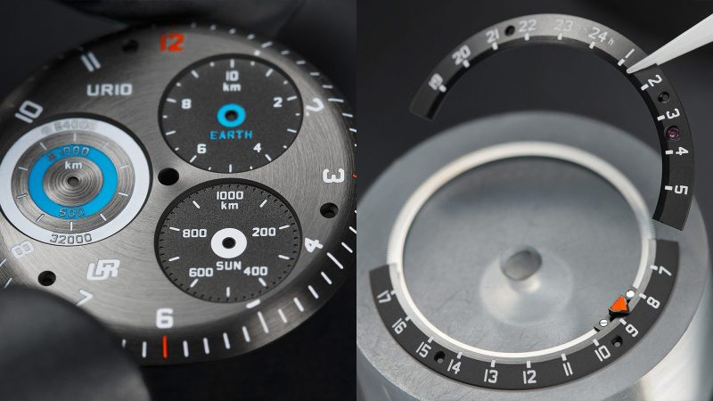 The URWERK UR-10 Spacemeter watch with central hands, subdials for Earth/Sun/Orbit tracking, sandblasted titanium case, and visible Dual Flow Turbine rotor.