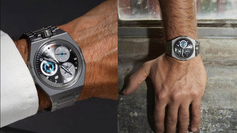 The URWERK UR-10 Spacemeter watch with central hands, subdials for Earth/Sun/Orbit tracking, sandblasted titanium case, and visible Dual Flow Turbine rotor.