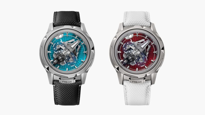 The Ulysse Nardin Freak S Enamel is available in ruby red and turquoise blue, with a titanium case and dual-oscillator movement visible under a domed sapphire crystal.