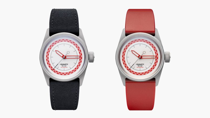 Unimatic x The Armoury Modello Cinque U5S-TA2 “10.15” watch with red and white dial accents, black hour ring, and red TPU strap.