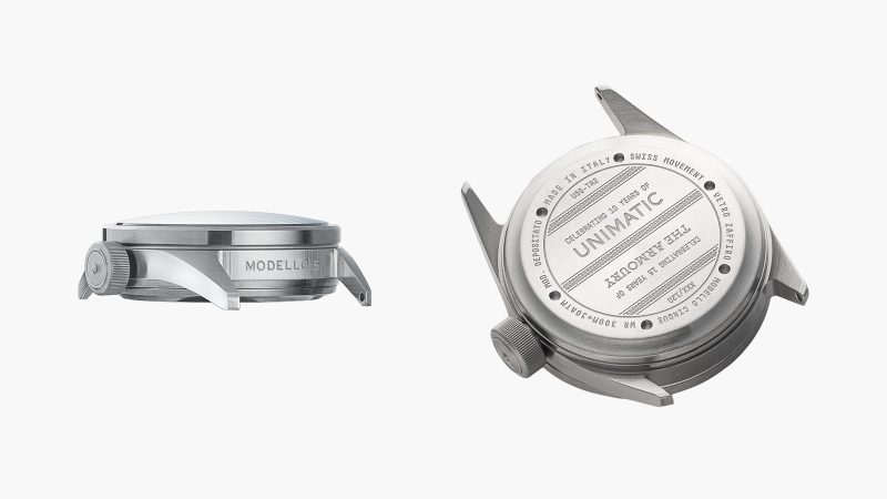 Unimatic x The Armoury Modello Cinque U5S-TA2 “10.15” watch with red and white dial accents, black hour ring, and red TPU strap.