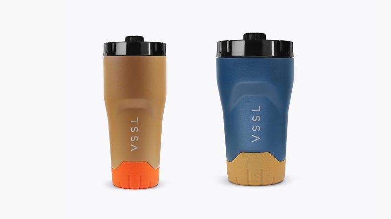 VSSL’s Rift Tumbler in stainless steel with VaultLoc™ leakproof lid, double-wall insulation, and slip-resistant silicone base for adventure-ready performance.