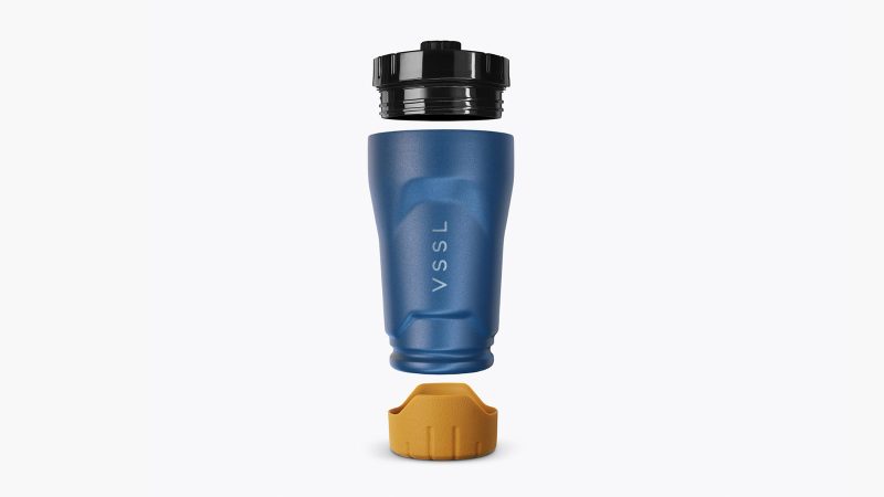 VSSL’s Rift Tumbler in stainless steel with VaultLoc™ leakproof lid, double-wall insulation, and slip-resistant silicone base for adventure-ready performance.