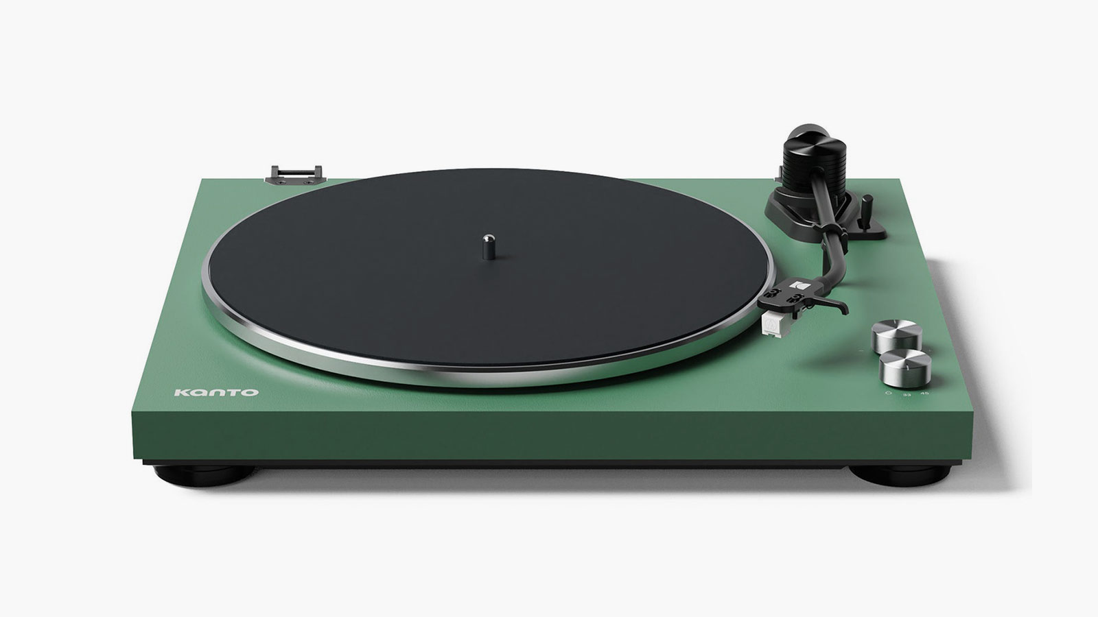 Kanto TUK turntable in matte green finish, a modern record player for design-conscious listeners.