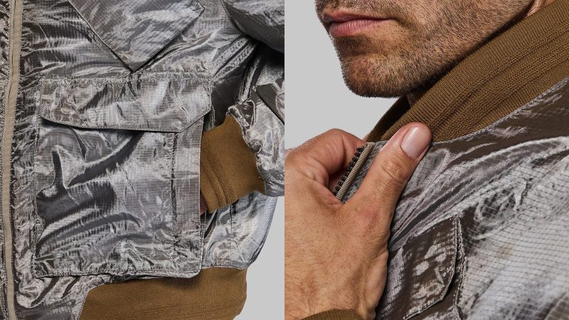 The Vollebak Electromagnetic Shielding Bomber is constructed with NASA-grade silver fabric that blocks electromagnetic waves.