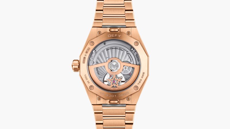 The Zenith DEFY Skyline Tourbillon in rose gold with brick-red dial and visible tourbillon aperture at 6 o’clock.