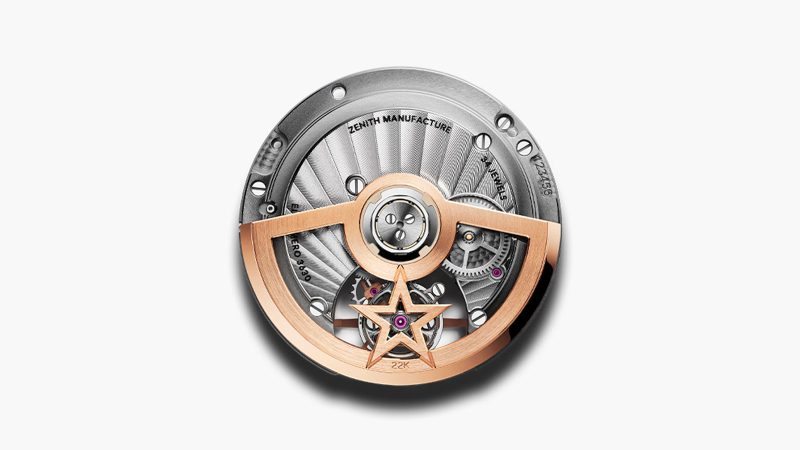 The Zenith DEFY Skyline Tourbillon in rose gold with brick-red dial and visible tourbillon aperture at 6 o’clock.