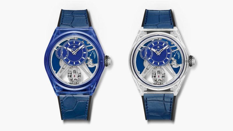The Zenith Defy Zero G Sapphire watch features a transparent sapphire case, a gimbal-mounted escapement, and a lapis lazuli dial with celestial detailing.