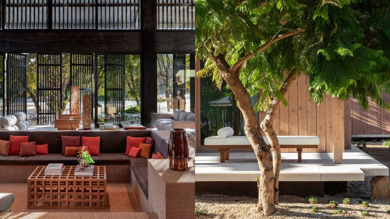 Luxury eco-designed beachfront cabana at Ahãma in Fethiye, Turkey, surrounded by forest and Aegean coastline.