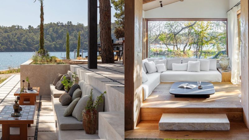 Luxury eco-designed beachfront cabana at Ahãma in Fethiye, Turkey, surrounded by forest and Aegean coastline.