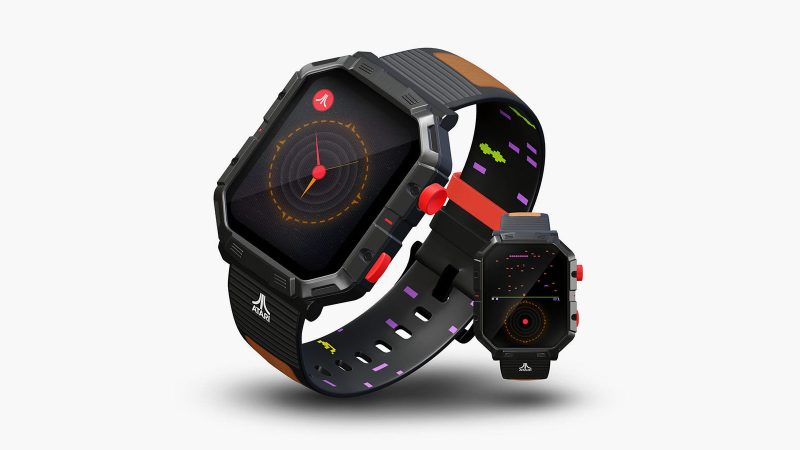 Atari 2600 My Play Watch—retro-inspired smartwatch featuring a metal bezel, classic joystick-style crown, interchangeable game-themed bands, and built-in Atari 2600 games.