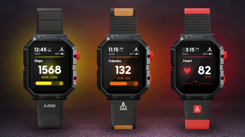 Atari 2600 My Play Watch—retro-inspired smartwatch featuring a metal bezel, classic joystick-style crown, interchangeable game-themed bands, and built-in Atari 2600 games.