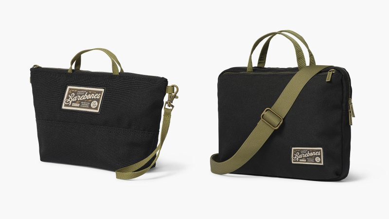 The Barebones Mōdeer Collection features a rolltop backpack, work tote, crossbody organizer, and zip pouch in recycled waxed canvas with metal hardware.