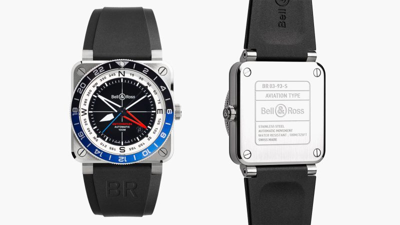 The Bell & Ross BR-03 GMT Compass watch with a square steel case, a black dial, a dual-color 24-hour bezel, and a red GMT hand.