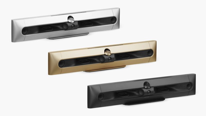 Bang & Olufsen Beosound Premiere speaker with premium minimalist design, featuring sleek aluminum housing and high-end acoustic elements.