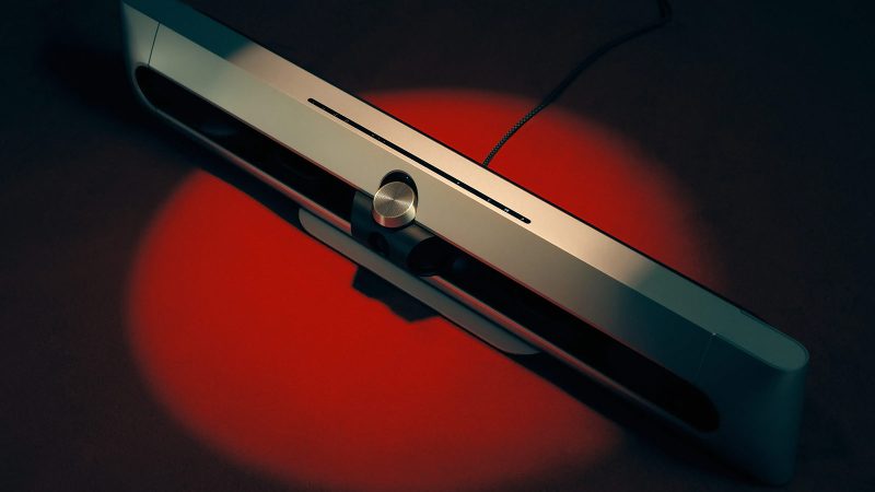 Bang & Olufsen Beosound Premiere speaker with premium minimalist design, featuring sleek aluminum housing and high-end acoustic elements.