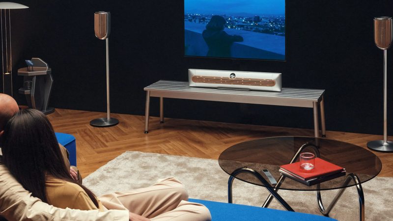 Bang & Olufsen Beosound Premiere speaker with premium minimalist design, featuring sleek aluminum housing and high-end acoustic elements.