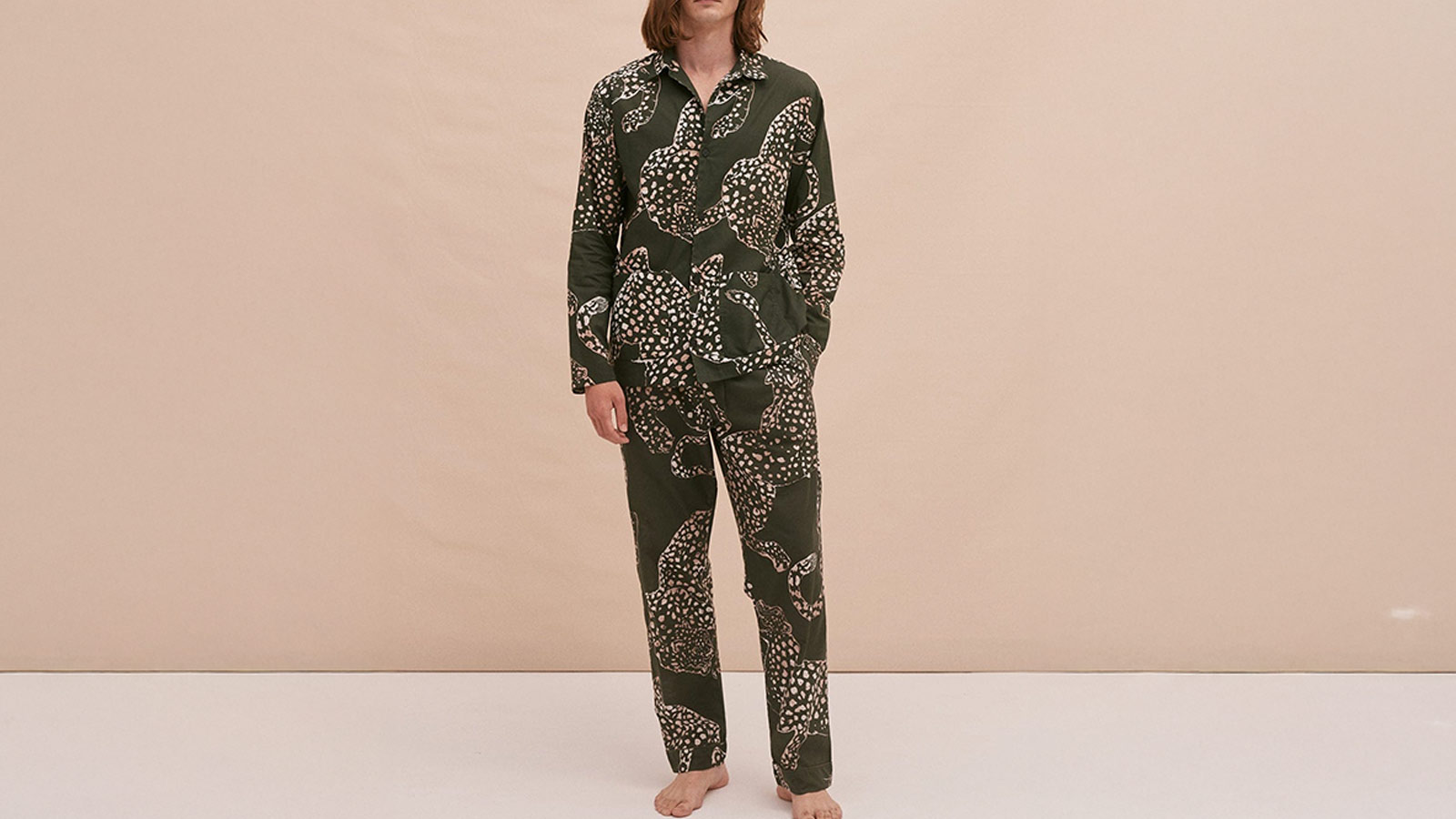 Desmond & Desmond printed cotton poplin pajama set with a bold green pattern — a stylish, design‑forward entry in the Best Men’s Pajamas.