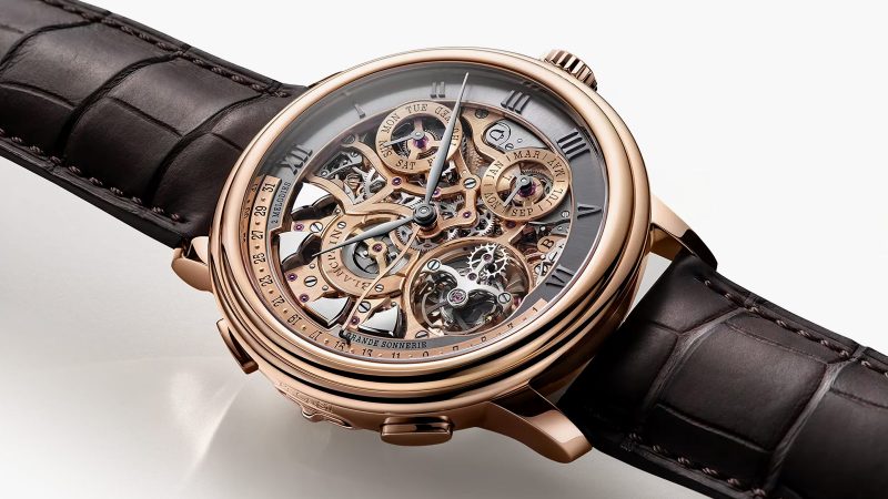 Blancpain’s Grande Double Sonnerie luxury chiming wristwatch with four-note sonnerie, flying tourbillon, skeletonized movement, and 18K gold case.