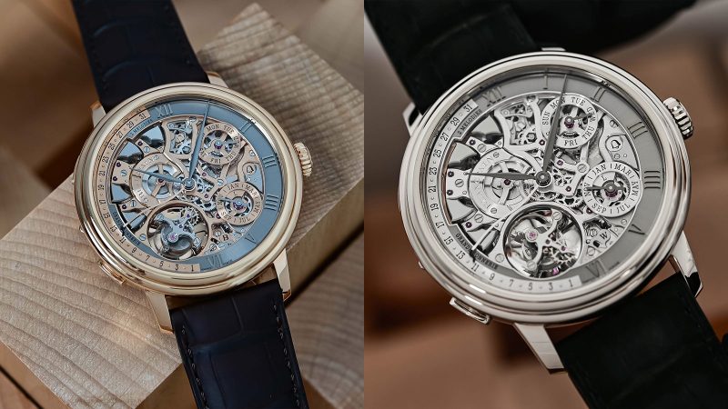 Blancpain’s Grande Double Sonnerie luxury chiming wristwatch with four-note sonnerie, flying tourbillon, skeletonized movement, and 18K gold case.
