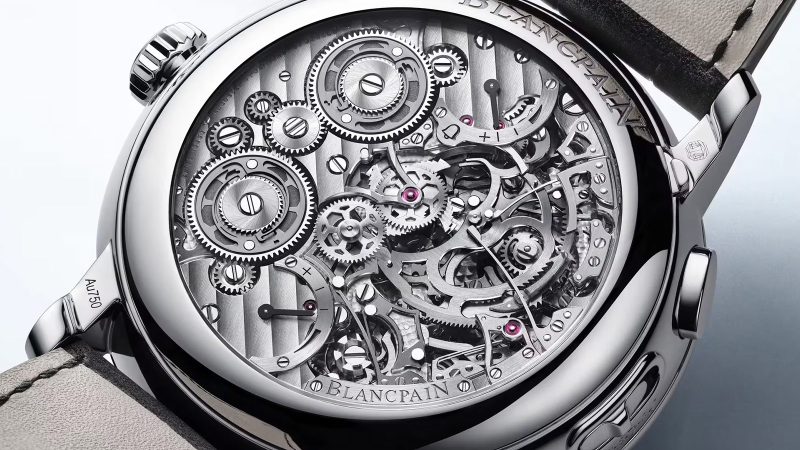 Blancpain’s Grande Double Sonnerie luxury chiming wristwatch with four-note sonnerie, flying tourbillon, skeletonized movement, and 18K gold case.