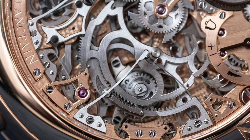 Blancpain’s Grande Double Sonnerie luxury chiming wristwatch with four-note sonnerie, flying tourbillon, skeletonized movement, and 18K gold case.