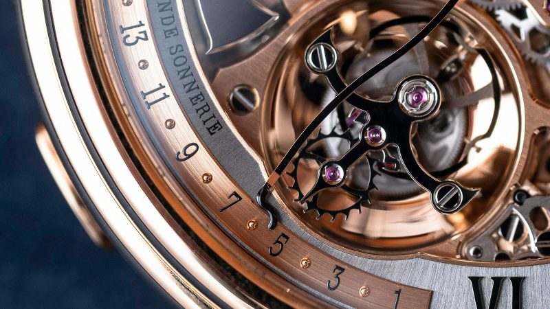 Blancpain’s Grande Double Sonnerie luxury chiming wristwatch with four-note sonnerie, flying tourbillon, skeletonized movement, and 18K gold case.