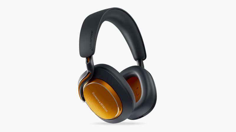 The Bowers & Wilkins Px8 S2 McLaren Edition wireless noise-canceling headphones feature premium McLaren design accents, high-performance audio drivers, and luxury materials.