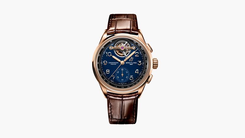 The Breitling Premier B21 Chronograph Tourbillon 42 Limited Edition shows a blue gradient dial and a gold tourbillon bridge.