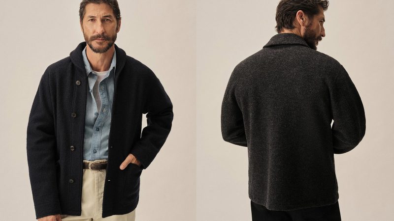 The Buck Mason Felted Shawl Coat is crafted from a wool blend, featuring relaxed tailoring and a vintage-inspired shawl collar.