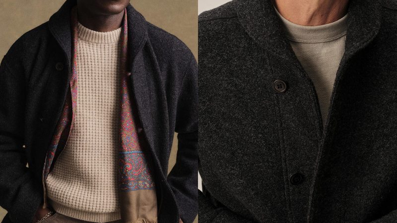 The Buck Mason Felted Shawl Coat is crafted from a wool blend, featuring relaxed tailoring and a vintage-inspired shawl collar.