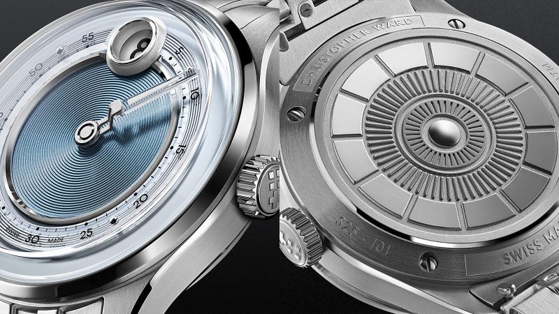 The Christopher Ward C1 Jump Hour Mk V watch with a glowing sapphire dial ring and jump hour display in Noon Blue.