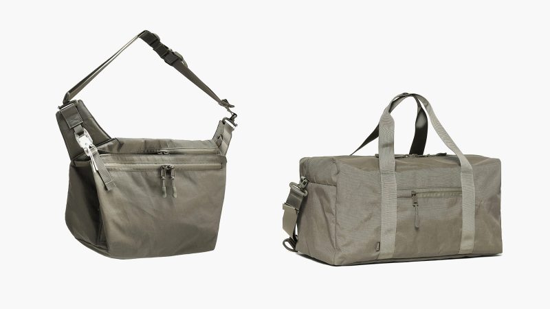 DSPTCH Light Army Collection – four olive-toned bags made in U.S.A. from X-PAC X50 Tactical fabric, showing the Unit Sling, Cinch Tote, Shoulder Bag, and Weekender.