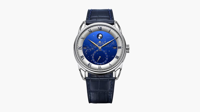 The De Bethune DB25 Perpetual Sky titanium 40 mm watch with blued polished starry sky dial, white gold stars, spherical moonphase, perpetual calendar complications and alligator strap.