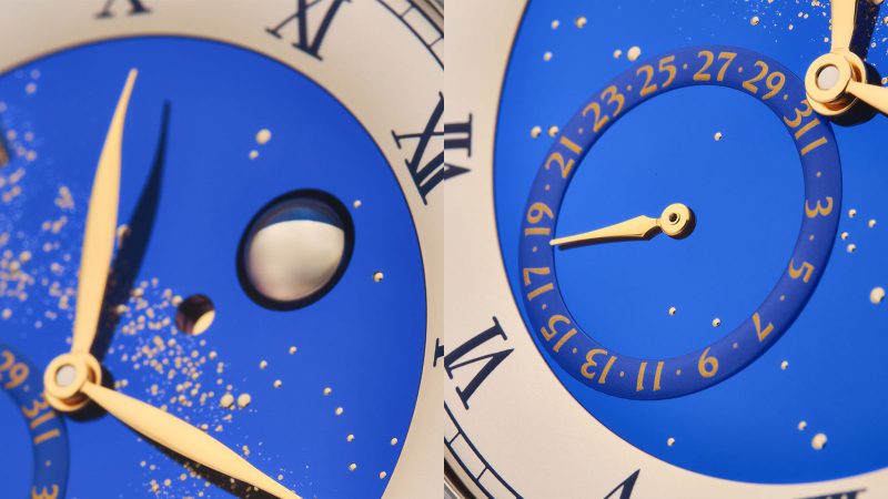 The De Bethune DB25 Perpetual Sky titanium 40 mm watch with blued polished starry sky dial, white gold stars, spherical moonphase, perpetual calendar complications and alligator strap.