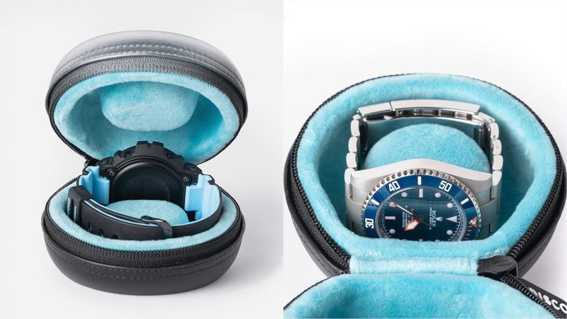 Discommon Goods The Puck watch case in wet-formed Napa leather, shown open and closed, highlighting its sculpted exterior and padded microfiber interior.