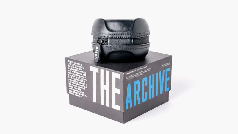 Discommon Goods The Puck watch case in wet-formed Napa leather, shown open and closed, highlighting its sculpted exterior and padded microfiber interior.