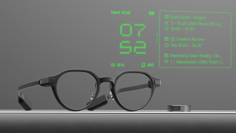 Even Realities G2 Smart Glasses and R1 Smart Ring boast a sleek titanium frame, minimalist design, and HUD waveguides visible.