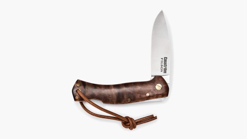 The Filson x Casström Lars Fält Folding Knife with a 3-inch 14C28N stainless lockback blade, quilted maple handle, compact EDC bushcraft folder for rugged outdoor use.