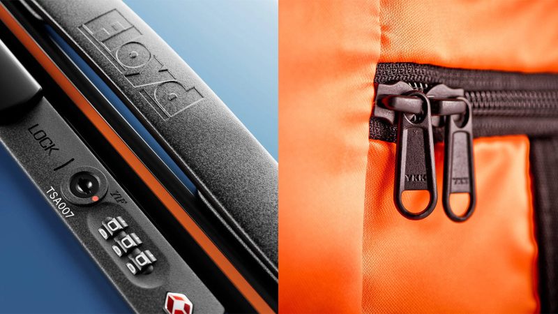 The Floyd Compact Carry-On retro-inspired polycarbonate hard-shell suitcase with skateboard wheels, bold color design, and organized interior travel compartments.